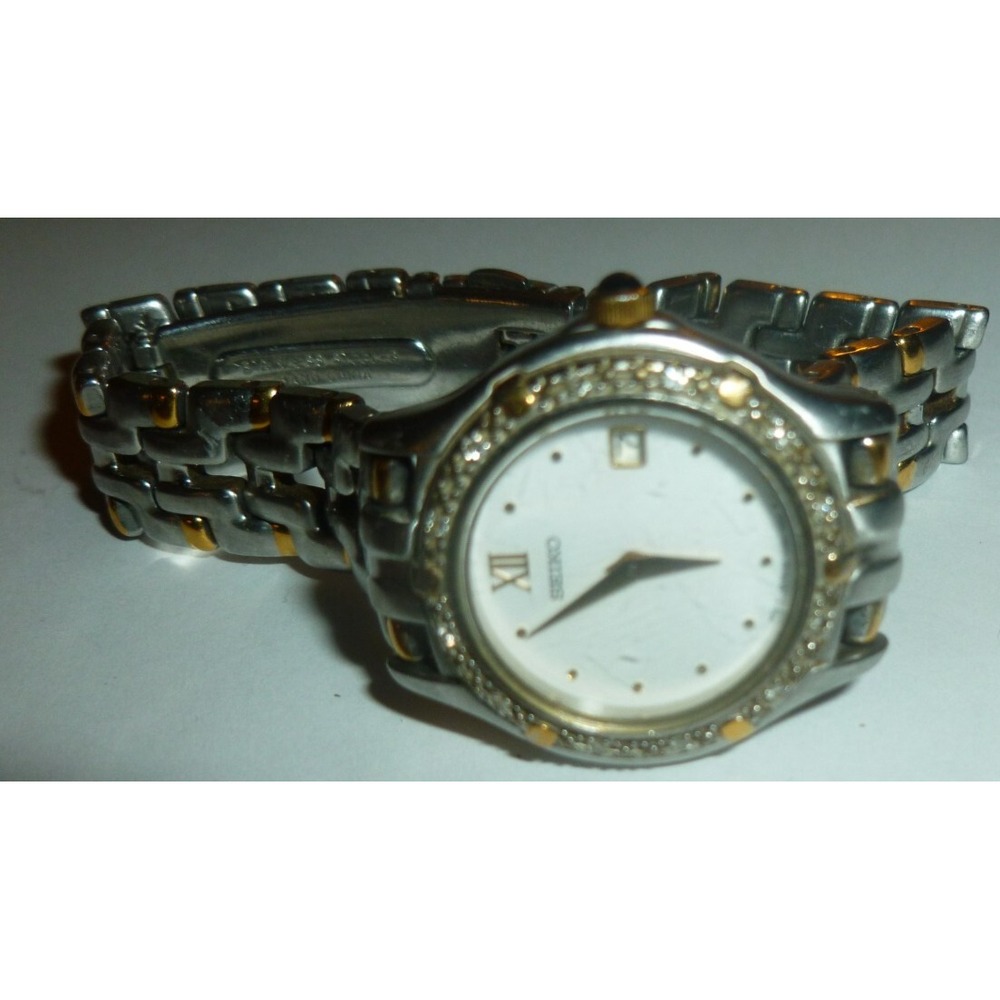 Vtg‎ Seiko Watch Women 23mm Gold Silver Tone Date 7N89-0449 DIAMOND